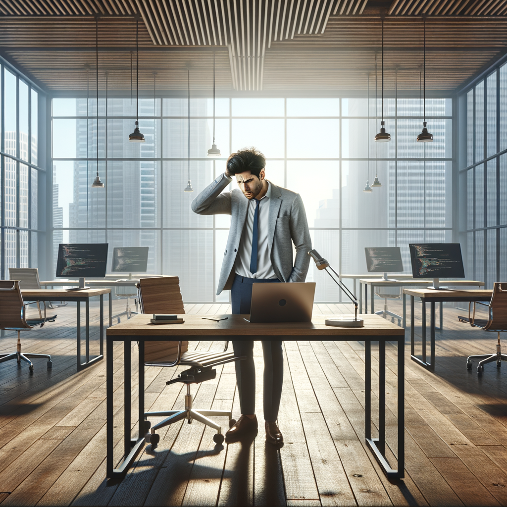 a scene of an office open spance with an employee having issue using their laptop